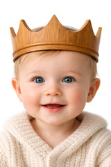 Close Up Portrait of Smiling Baby with Wooden oak Crown on Neutral Background