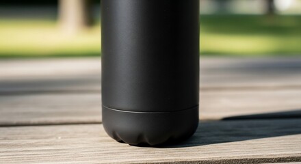Matte Black Water Bottle on Weathered Wood Table in Outdoor Setting