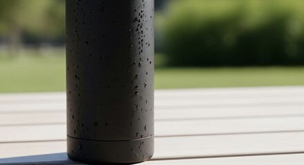 Matte Black Water Bottle with Condensation on White Table, Green Background