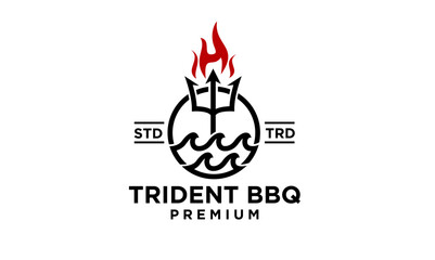 Trident BBQ Premium Logo with Fire, Waves, and Classic Emblem Design