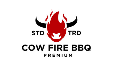 Cow Fire BBQ Logo Design with Stylized Bull Head and Flames for Restaurant Branding