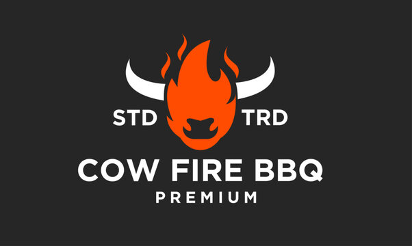 Cow Fire BBQ Premium Logo, modern restaurant branding with stylized bull head, fire, and horns on dark background.