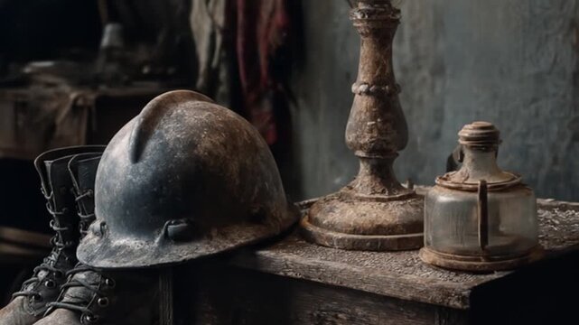 Vintage mining helmet with boots and lamp on wooden surface