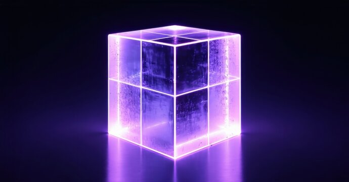 Glowing purple cube sits against dark background. Lines create internal grid pattern, reflecting light, offering futuristic feel.