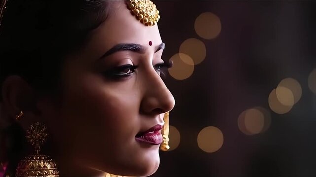 Indian bride's face profile with traditional jewelry and bindi at night