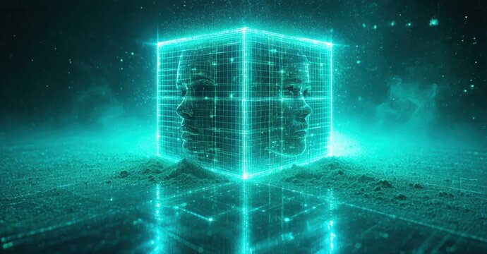 Glowing cube displays mirrored faces. Dark background suggests digital space, futuristic concept. Minimalist design, striking visual impact.
