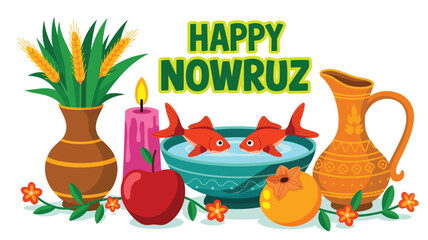 Naklejka premium happy nowruz persian new year celebration illustration with goldfish haft seen table hyacinth candles apple and traditional decor