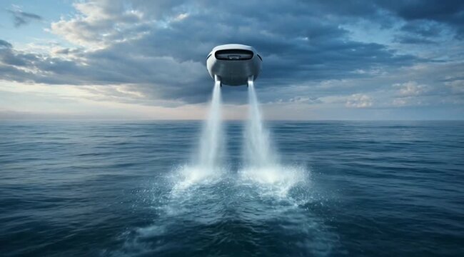 Vantage shot of a futuristic hovercraft ascending over the ocean