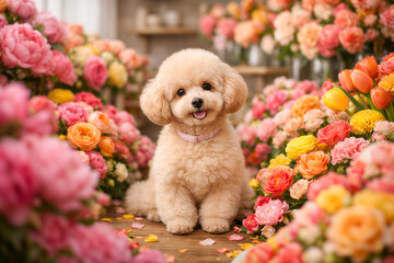 Adorable Toy Poodle Sitting Among Colorful Spring Flowers in Bloom