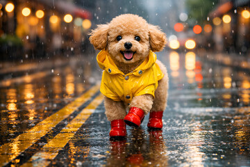 Cute Toy Poodle in Yellow Raincoat and Red Boots Walking in Rainy City