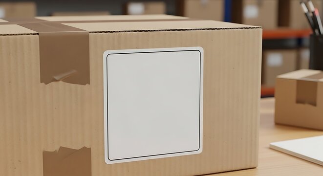 Cardboard shipping box with a blank white label on a wooden desk in a warehouse.