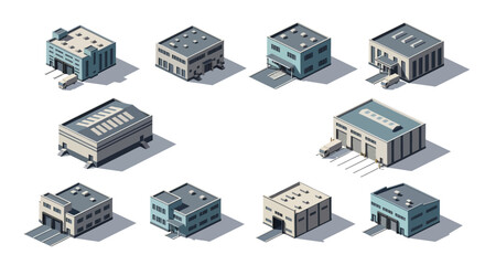 Isometric industrial buildings and warehouses collection for urban planning and logistics concepts