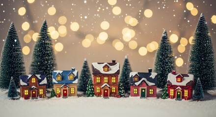 Miniature Christmas Village Scene with Snow-Covered Houses and Bokeh Lights
