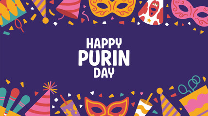 happy purim day greeting illustration with colorful carnival masks and party decorations festive jewish holiday celebration background © Mushtaq