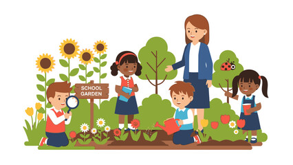 Illustration of a teacher and children gardening together in a vibrant outdoor garden with sunflowers and trees. © Steven