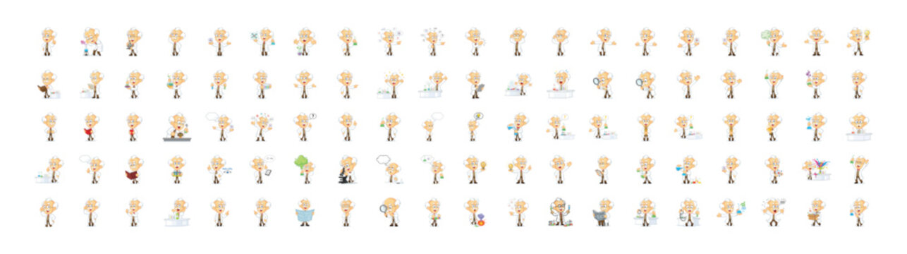 Funny Scientist Character Pose Set Cartoon Illustration Collection