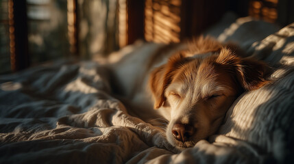 Obraz premium Cozy Canine Naptime: A serene canine peacefully sleeps on a bed, wrapped in warm blankets, bathed in the soft glow of sunlight. Reflecting comfort and tranquility.