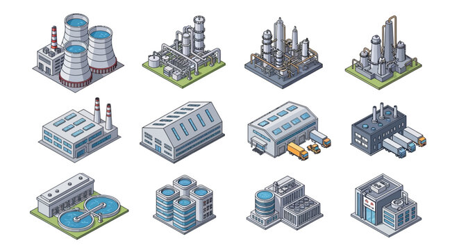Collection of Isometric Industrial Buildings and Factories for Construction and Energy Projects