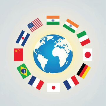 Circle of World Flags Surrounding a Globe Representing Global Travel and Unity.