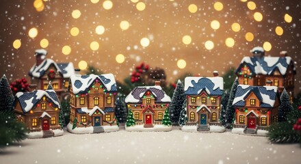Miniature Christmas Village Scene with Snowfall and Warm Bokeh Lights