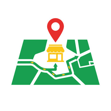 Minimalist local SEO icon &mdash; digital map route to store with red location pin flat vector green yellow