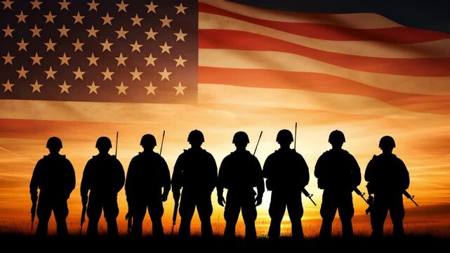 Silhouettes of soldiers standing with rifles in front of waving American flag at sunset 4K Ai HD high quality video.