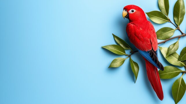 Pixelated Red Parrot on Green Branch Light Blue Background