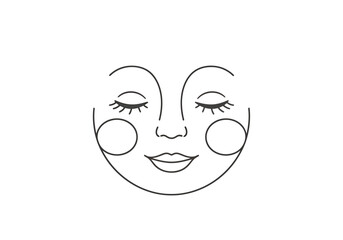 Whimsical Celestial Face Element with Closed Eyes and Rosy Cheeks Simple Outline Art on White Background for Design Projects