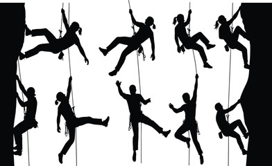 Black vector silhouette set of professional rock climbers ascending steep cliffs with ropes and harnesses for extreme sports mountaineering outdoor adventure and fitness branding