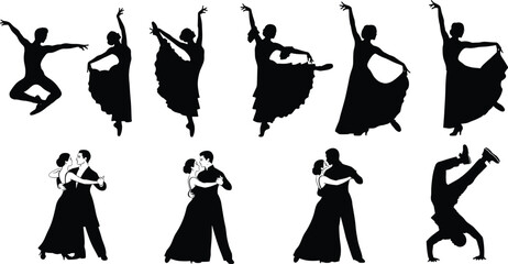 Black vector silhouette set of professional dancers including ballroom couples ballet performers and breakdancers for theater performance arts events and expressive lifestyle branding design,