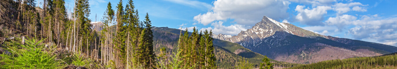 Obraz premium Kriváň mountain in the High Tatras, Slovakia, with a snow covered peak under a dramatic sky. Iconic alpine summit and national symbol surrounded by rugged mountain landscape, offering panoramic winter