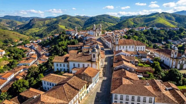 Aerial drone view of baroque churches and red-tiled roofs of Ouro Preto video