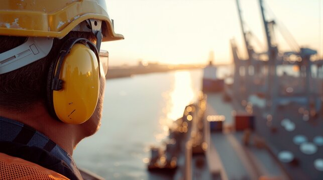 Focused view of an engineer at a port watching the cargo loading and unloading activities. The engineer is wearing protective gear