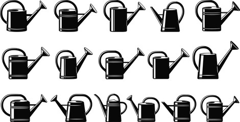 Black vector silhouette set of various gardening watering cans with different spouts and handles for horticulture backyard plant care and floral nursery branding design, © MDRAZIURRAHMAN