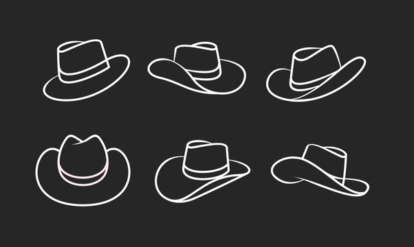 Minimalist Line Art Cowboy and Fedora Hat Icons Set. Simple Vector Outline Illustrations on Dark Background.