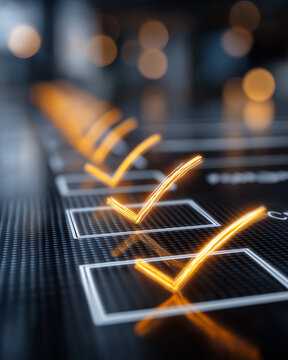 Illuminated Checklist: A close-up shot of a modern checklist illuminated with a warm orange glow, signifying tasks accomplished and goals achieved.