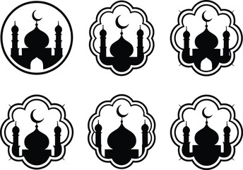 Collection of stylized mosque icons with crescent moons and domes in decorative frames © Masud Crafts
