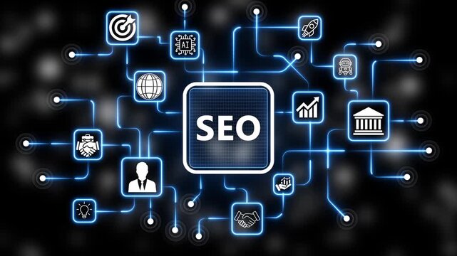  Coach motivation to SEO  improvement. Education concept. Training. Leadership skills. Human abilities. Internet, business, Technology and network concept. 4k animation neon