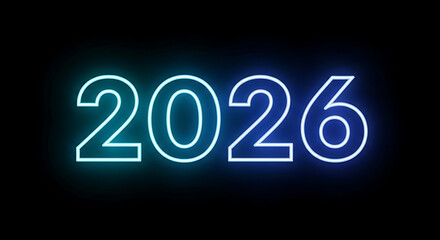 Neon glow year 2026 text with blue and cyan colors on black background