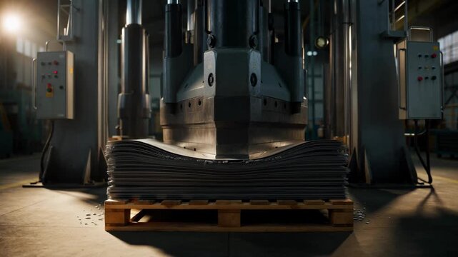 Powerful cinematic shot of an industrial press machine crushing metal, symbolizing strength, manufacturing force, and heavy industrial production