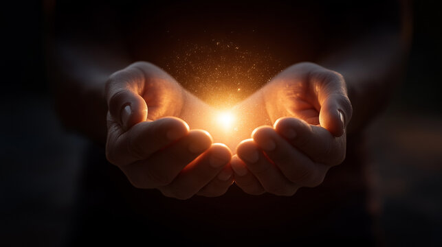 Embracing the Light: Tender hands cradling a radiant, golden light source, offering a sense of hope, warmth, and inner glow.