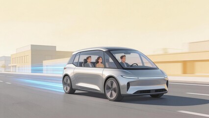 Futuristic car with passengers on road