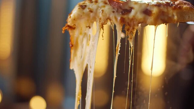 Melted cheese stretches from slice of pizza