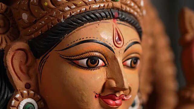 Close up of Maa Durga idol face sculpture India festival