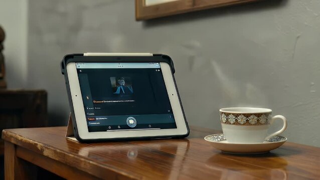 A tablet computer positioned next to a ceramic mug full of hot coffee situated atop an aged wooden desk surface