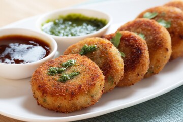Aloo Tikki Potato Patties Indian Vegetarian Snack with Chutney