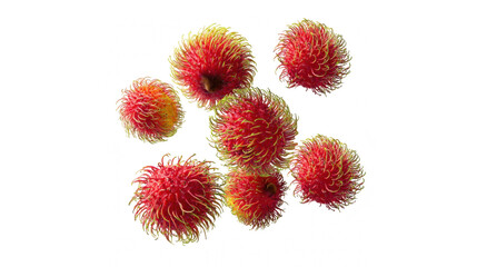 A cluster of vibrant red berries, each with a textured surface and a bright yellow halo, against a stark black background