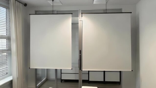 An empty horizontally oriented display frame template affixed to a wall within a contemporary workspace setting