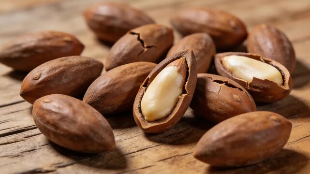 heap of roasted baru almonds on a weathered dark wood background video