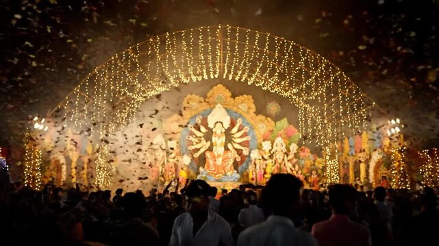 Durga Puja Celebration Night Pandal Goddess Idol Crowd Worship
